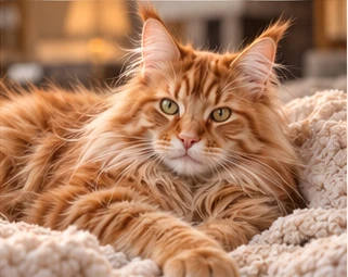 Orange Maine Coon cat resting in a cozy room