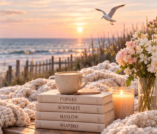 Soft coastal sunset with a cup of coffee, flowers, candle and books