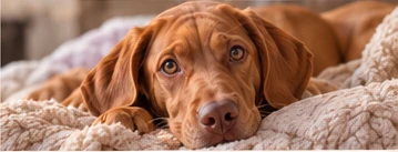 Warm brown dog resting on a knitted blanket